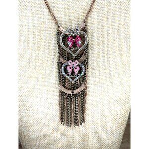 Betsey Johnson Layered Heart Pendant Necklace W/ Pink Birds & Bow Charms